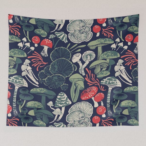 Item preview, Mystical fungi // midnight blue background sage and forest green red and coral wild mushrooms designed and sold by SelmaCardoso.