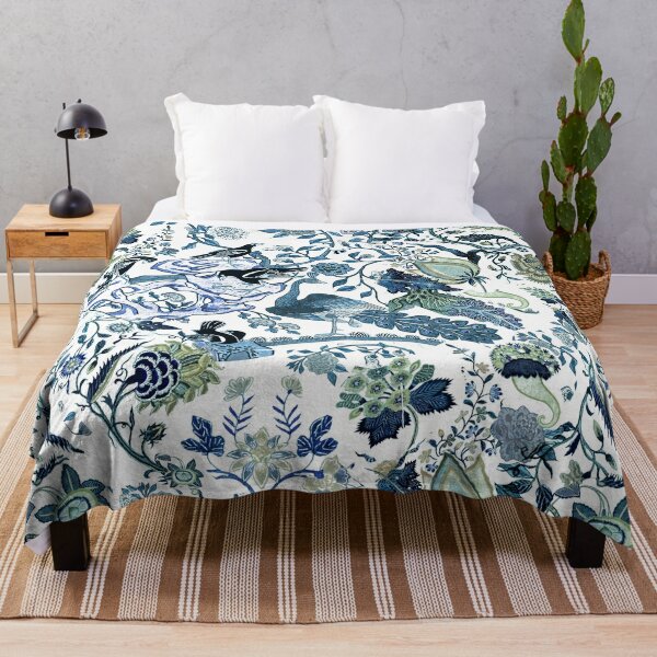 Chinoiserie Blue, chintz, blues, greens, birds and florals Throw Blanket