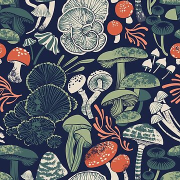 Artwork thumbnail, Mystical fungi // midnight blue background sage and forest green orange wild mushrooms by SelmaCardoso
