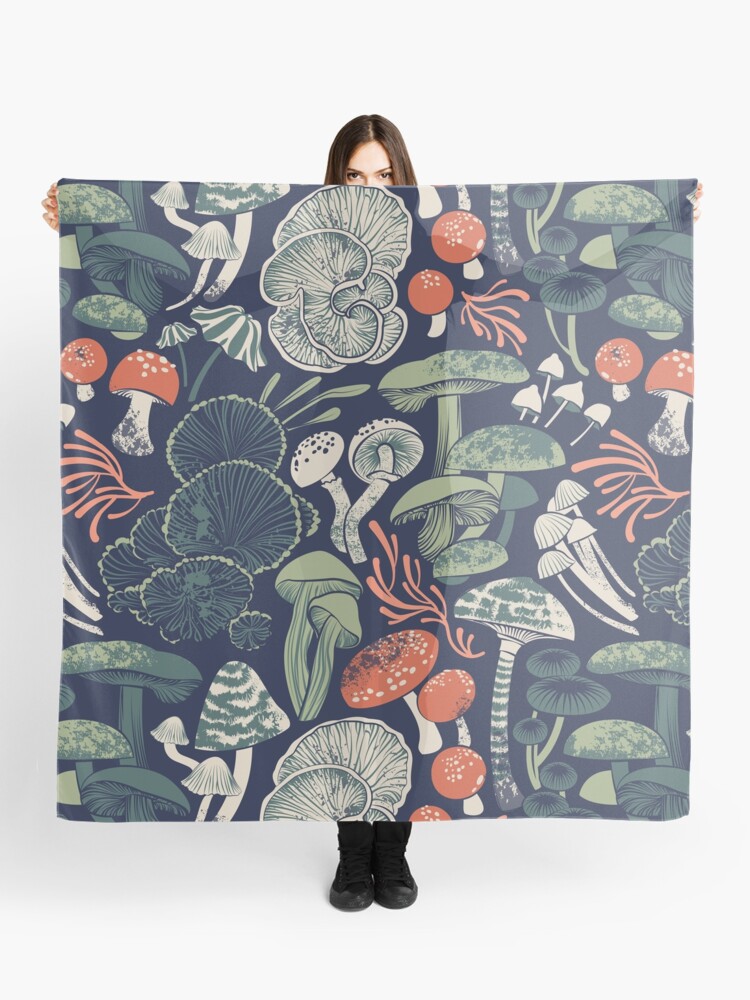 Thumbnail 1 of 3, Scarf, Mystical fungi // midnight blue background sage and forest green orange wild mushrooms designed and sold by SelmaCardoso.