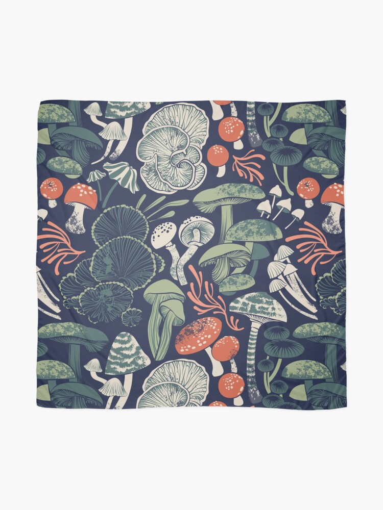 Thumbnail 2 of 3, Scarf, Mystical fungi // midnight blue background sage and forest green orange wild mushrooms designed and sold by SelmaCardoso.