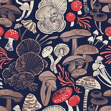 Artwork thumbnail, Mystical fungi // midnight blue background brown red and coral wild mushrooms by SelmaCardoso