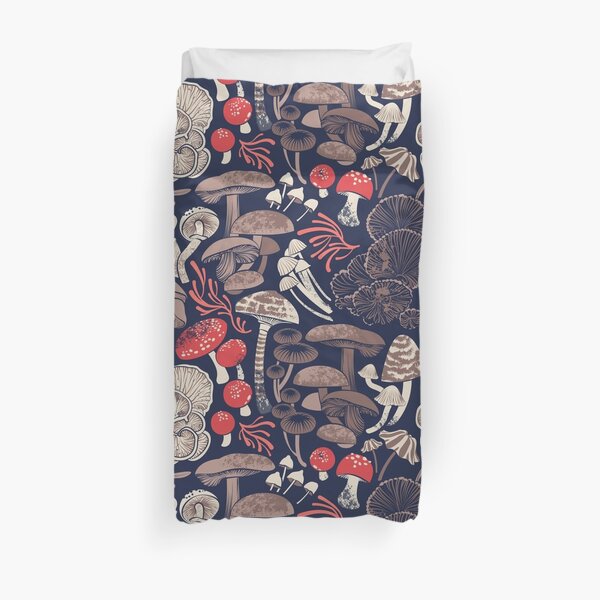 Mystical fungi // midnight blue background brown red and coral wild mushrooms Duvet Cover