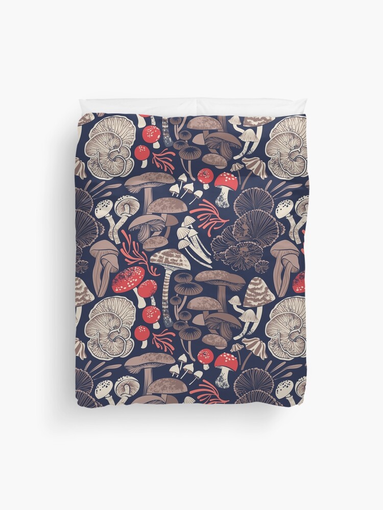 Thumbnail 1 of 2, Duvet Cover, Mystical fungi // midnight blue background brown red and coral wild mushrooms designed and sold by SelmaCardoso.