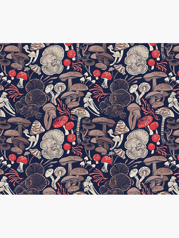 Thumbnail 2 of 2, Duvet Cover, Mystical fungi // midnight blue background brown red and coral wild mushrooms designed and sold by SelmaCardoso.