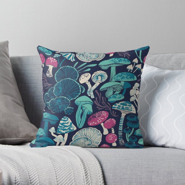 Mystical fungi // midnight blue background mint teal and dark pink wild mushrooms Throw Pillow