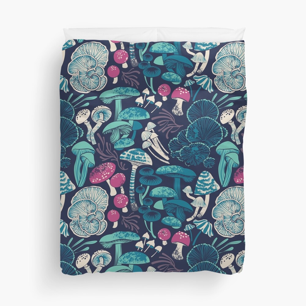 Mystical fungi // midnight blue background mint teal and dark pink wild mushrooms Duvet Cover