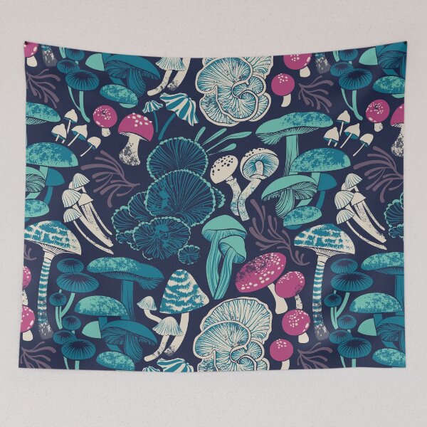 Item preview, Mystical fungi // midnight blue background mint teal and dark pink wild mushrooms designed and sold by SelmaCardoso.
