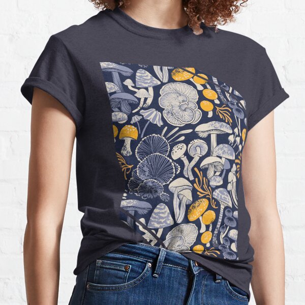 Mystical fungi // midnight blue background ivory pale blue and yellow wild mushrooms Classic T-Shirt