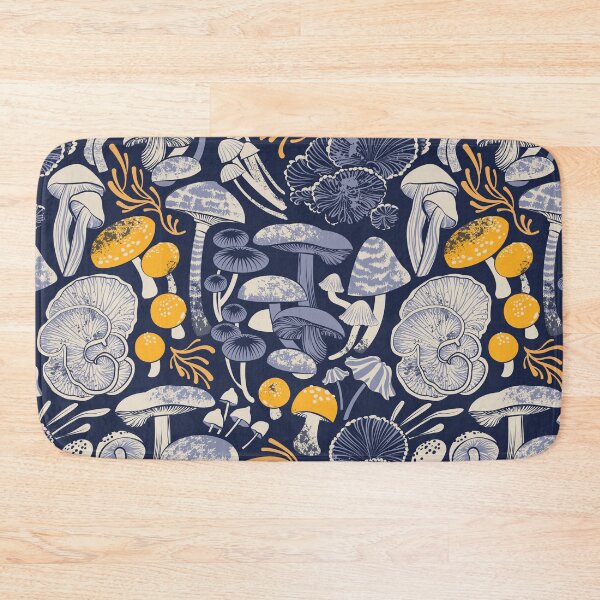 Item preview, Mystical fungi // midnight blue background ivory pale blue and yellow wild mushrooms designed and sold by SelmaCardoso.