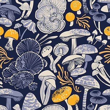 Artwork thumbnail, Mystical fungi // midnight blue background ivory pale blue and yellow wild mushrooms by SelmaCardoso