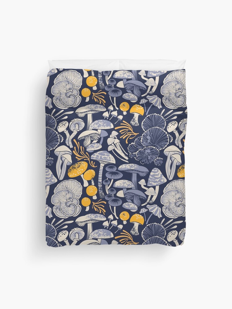 Thumbnail 1 of 2, Duvet Cover, Mystical fungi // midnight blue background ivory pale blue and yellow wild mushrooms designed and sold by SelmaCardoso.