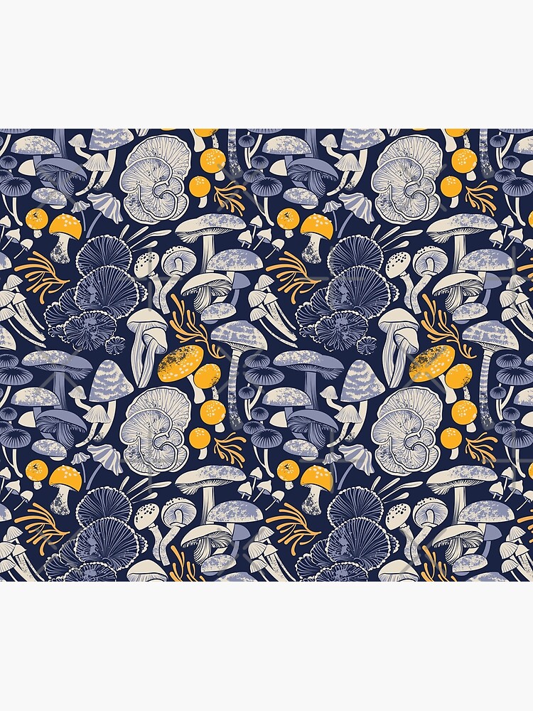Mystical fungi // midnight blue background ivory pale blue and yellow wild mushrooms by SelmaCardoso