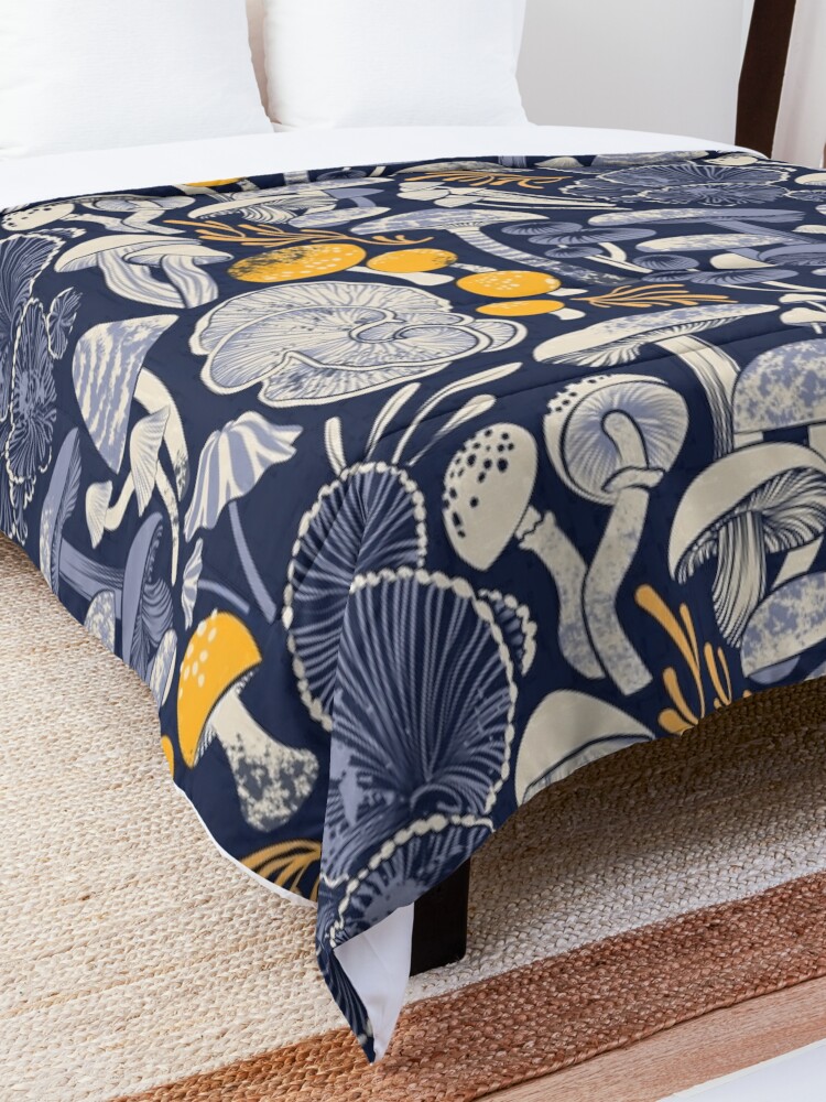 Alternate view of Mystical fungi // midnight blue background ivory pale blue and yellow wild mushrooms Comforter
