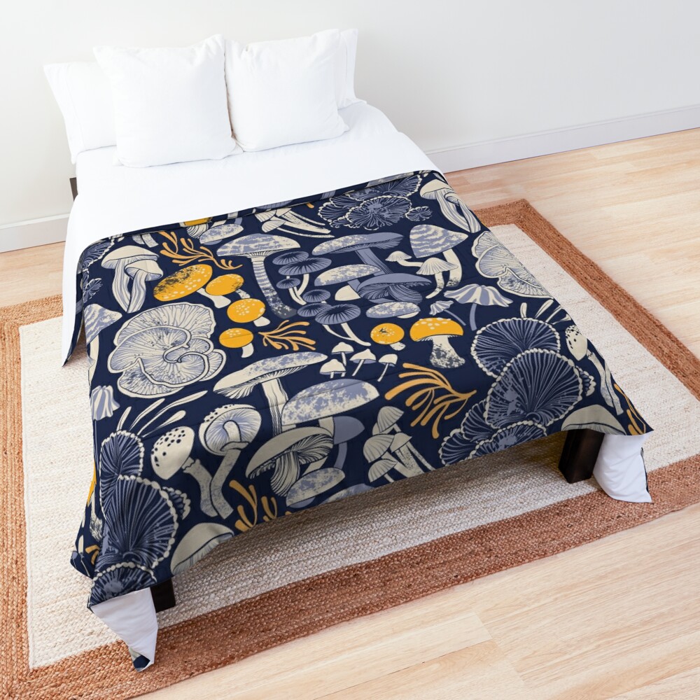 Mystical fungi // midnight blue background ivory pale blue and yellow wild mushrooms Comforter