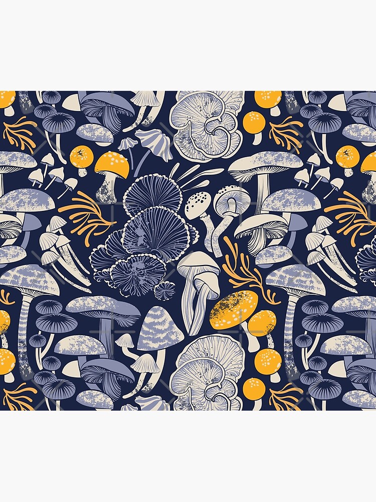 Mystical fungi // midnight blue background ivory pale blue and yellow wild mushrooms by SelmaCardoso