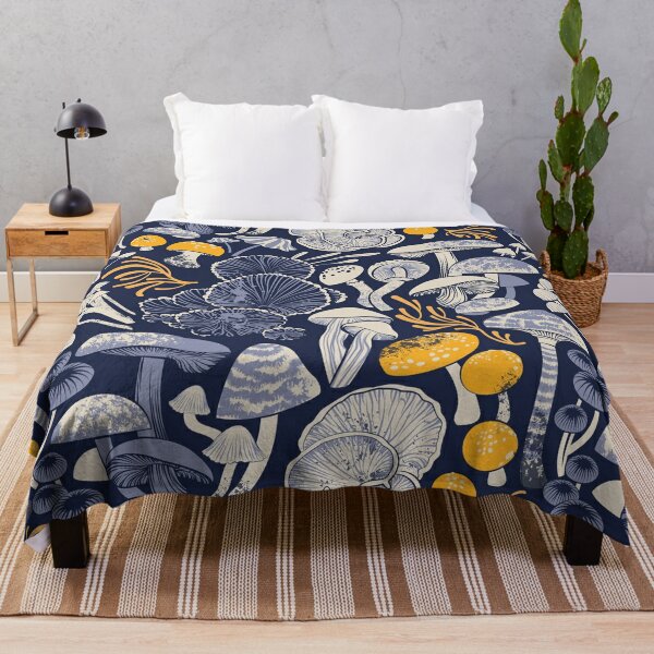Mystical fungi // midnight blue background ivory pale blue and yellow wild mushrooms Throw Blanket