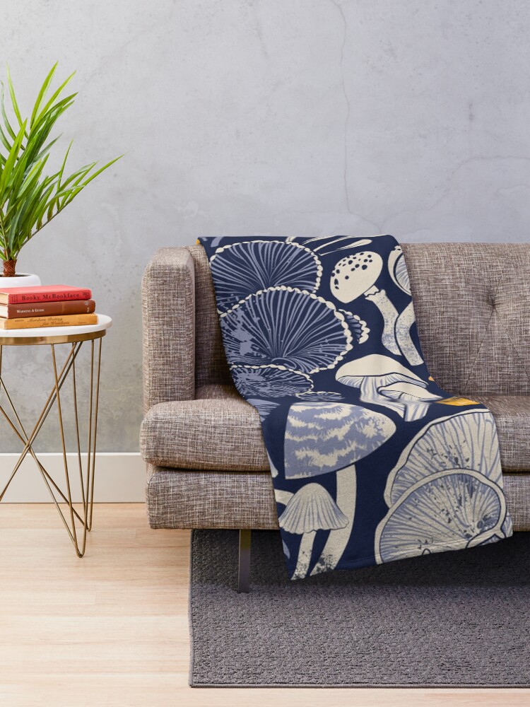 Alternate view of Mystical fungi // midnight blue background ivory pale blue and yellow wild mushrooms Throw Blanket