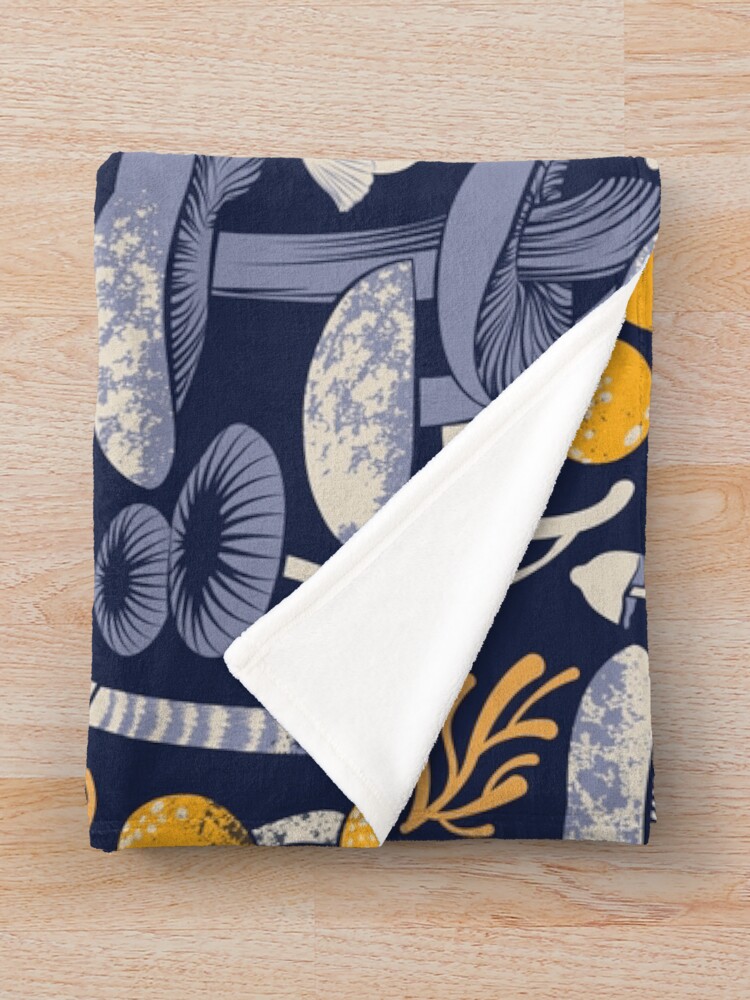 Alternate view of Mystical fungi // midnight blue background ivory pale blue and yellow wild mushrooms Throw Blanket