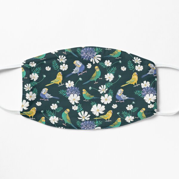 Budgies and Cosmos on dark green Flat Mask