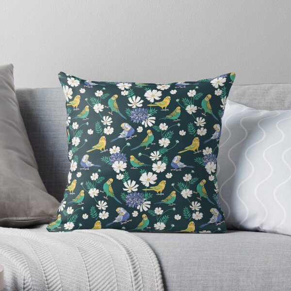 Budgies and Cosmos on dark green Throw Pillow