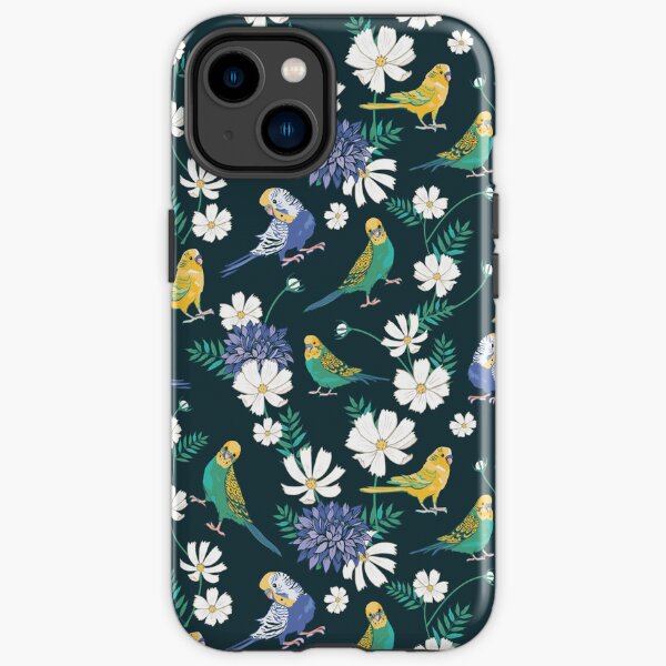 Budgies and Cosmos on dark green iPhone Tough Case