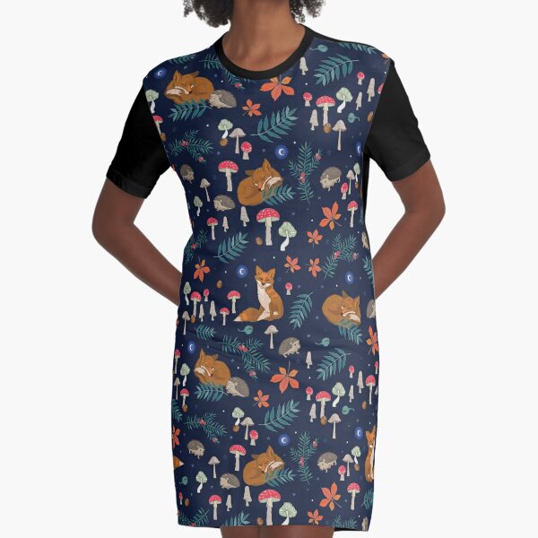 Hibernation woodland animals and toadstools on blue Graphic T-Shirt Dress