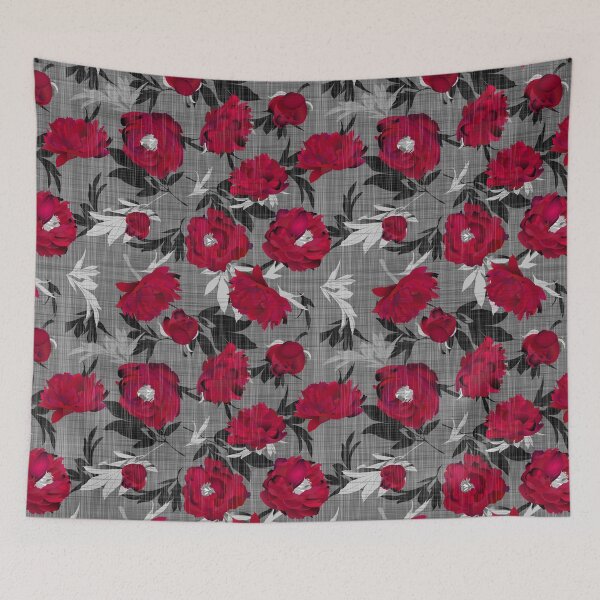 Item preview, Red peonies on a gray linen structure designed and sold by kobyakov.