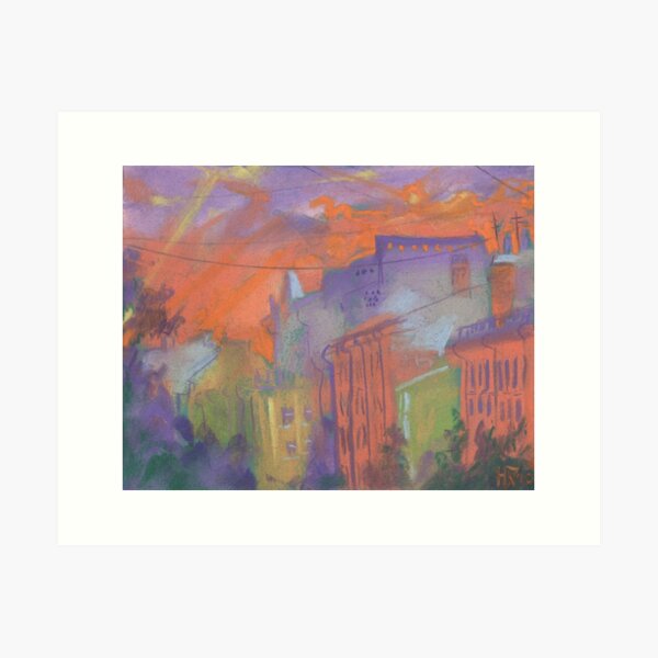 Orange Glow, Sunset City Landscape, Pastel Art Print