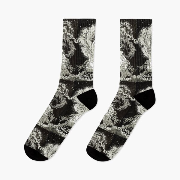 Item preview, FLORA DANCING AMONG SINGING BIRDS ,SPRING FLOWERS AND BLOOMS Black White Fantasy designed and sold by BulganLumini.