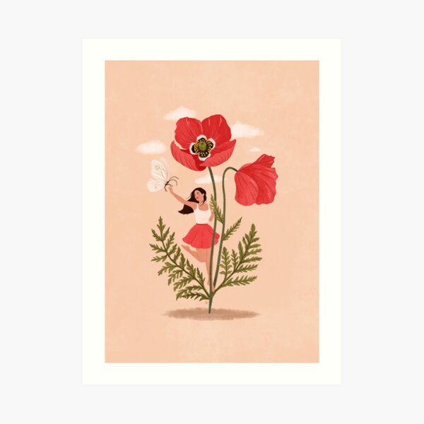 Girl and Poppy Flower Art Print