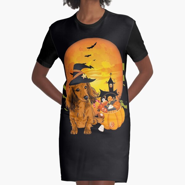 cute dachshund Dog Halloween 2020 witch hat and Pumpkin Graphic T-Shirt Dress