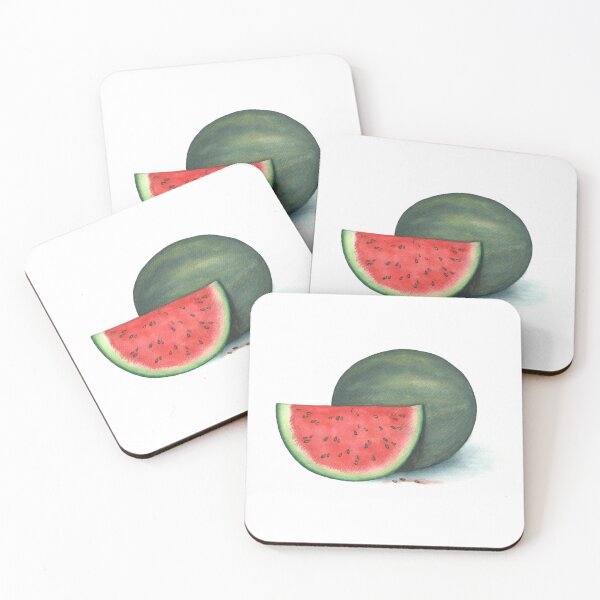 Item preview, A watercolor image of one watermelon slice, a whole watermelon & three watermelon seeds designed and sold by Irnika.
