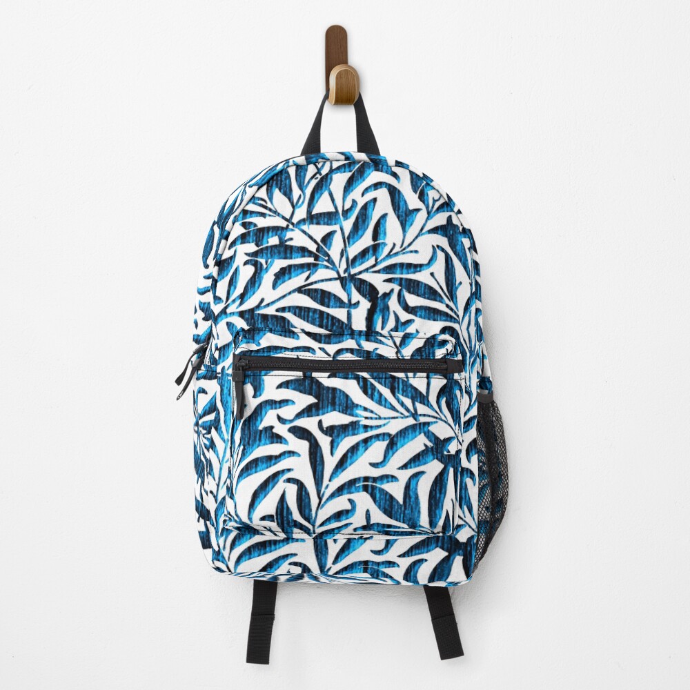 Blue etched floral abstract on a backpack