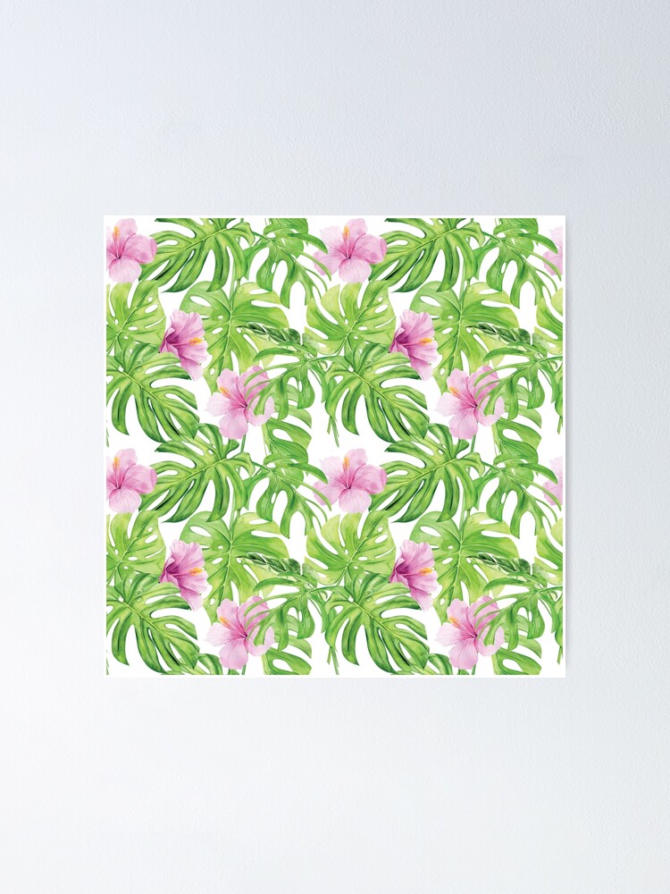 "Tropical Leaf Wallpaper Pink and Green Tropical Leaves" Poster for