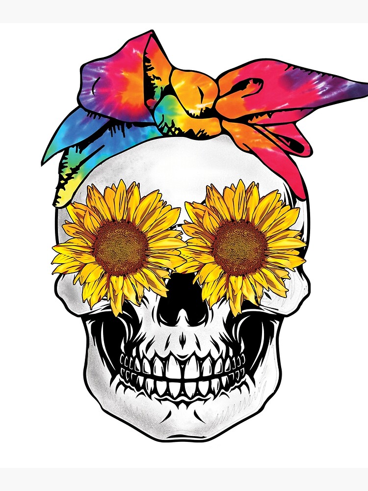 "Skull with sunflower eyes and tie dye bandana" Mounted Print for Sale