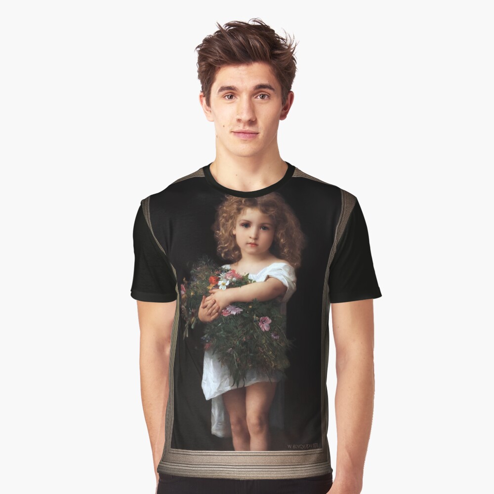 Little Girl With Flowers by William-Adolphe Bouguereau Old Masters Prints Graphics T-shirt