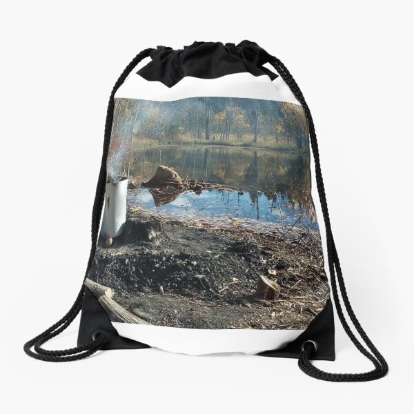 Autumnal drum fire by the lake horizontal Drawstring Bag