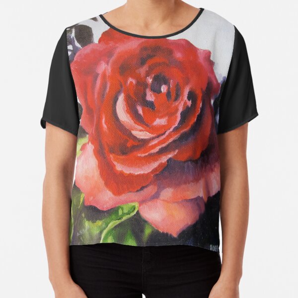 Romantic full red rose flower blossom oil painting art Chiffon Top