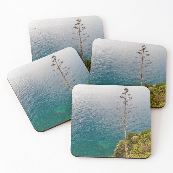 Item preview, The Cinque Terre sea seen from a cliff in Corniglia with a tall Agave flower on the right side. designed and sold by H-AB.