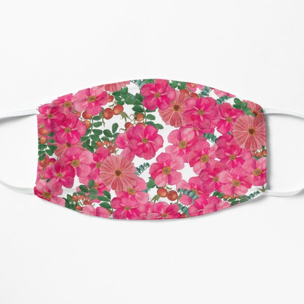 floralia WILD ROSES and ZINNIA on white with beach peas + rosehips Flat Mask