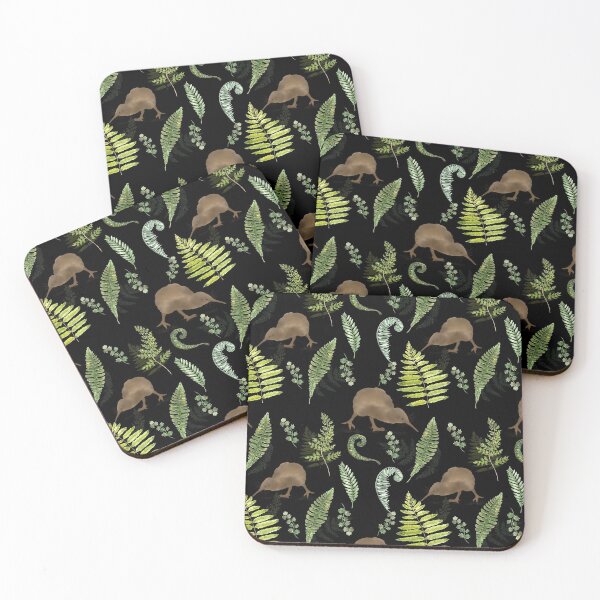 Item preview, New Zealand Kiwi Bird and Fern Fronds Pattern Design on Black designed and sold by Tara Slater.