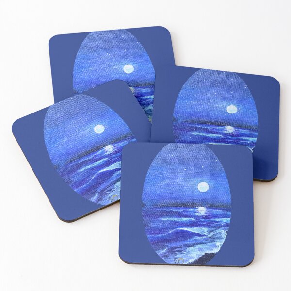 Item preview, Night Tide at the Ocean with Crashing Waves Under the Full Moon Original Art Painting designed and sold by RobinetteArt.