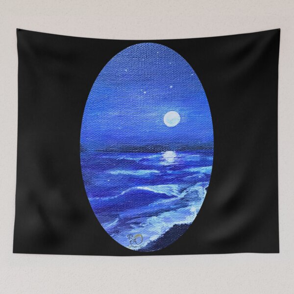 Item preview, Night Tide at the Ocean with Crashing Waves Under the Full Moon Original Art Painting designed and sold by RobinetteArt.
