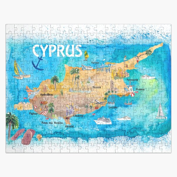 Vista previa del artículo con la obra «Mapa ilustrado de Chipre con carreteras principales, lugares de interés y lugares destacados», diseñado y vendido por artshop77.