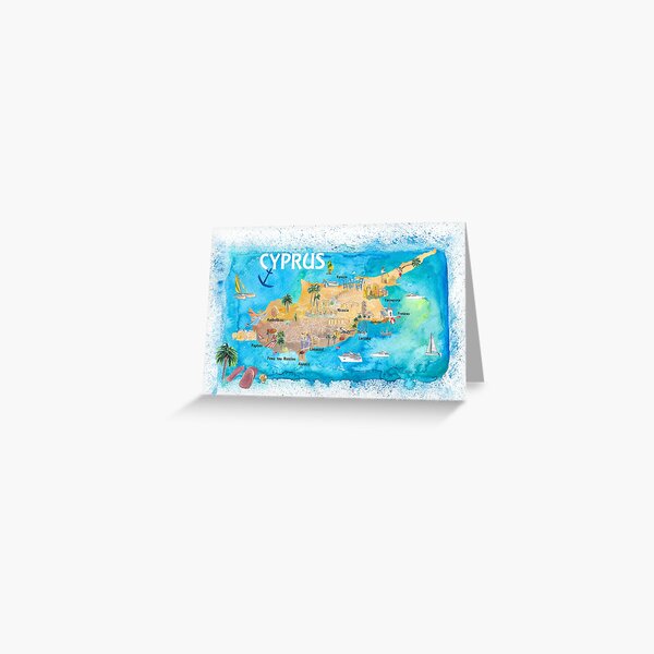 Cyprus Illustrated Map with Main Roads Landmarks and Highlights Greeting Card
