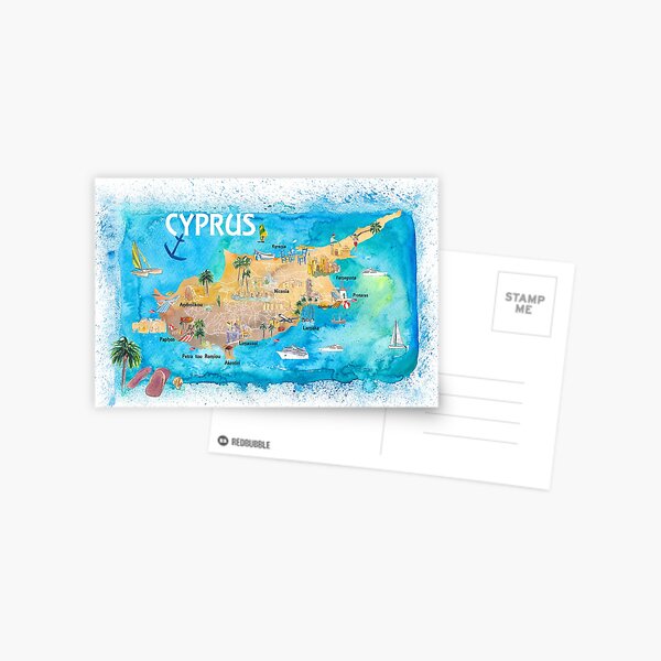 Cyprus Illustrated Map with Main Roads Landmarks and Highlights Postcard