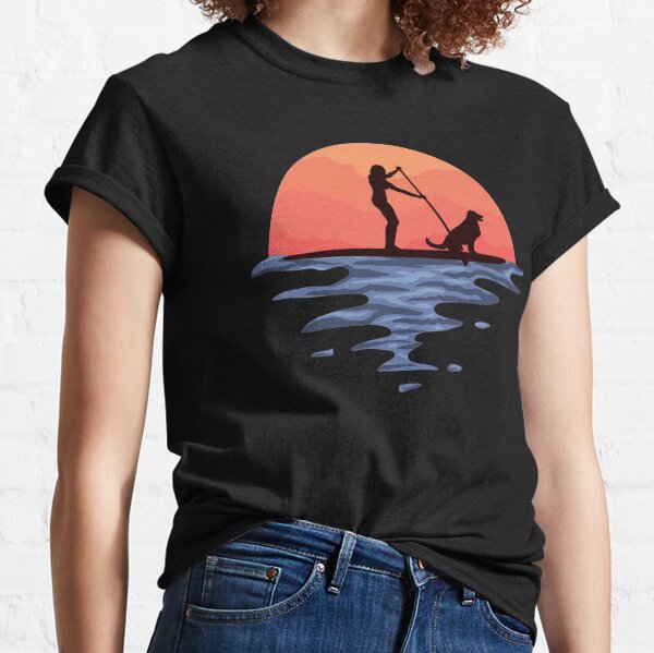 Sunset Stand Up Paddle Dog And Girl Classic T-Shirt