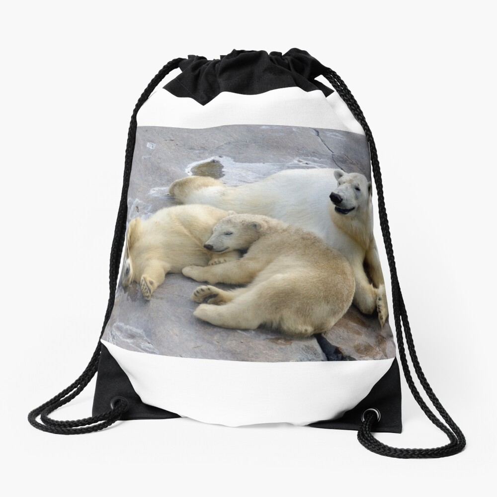 Happy nappy polar bear family Drawstring Bag