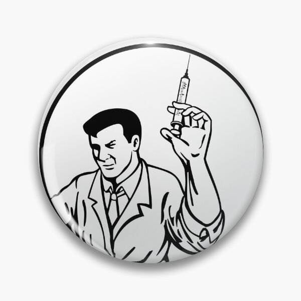 Item preview, Doctor Nurse Medical Worker or Scientist Wearing Lab Coat Holding Up Syringe with Vaccine Retro Black and White designed and sold by patrimonio.